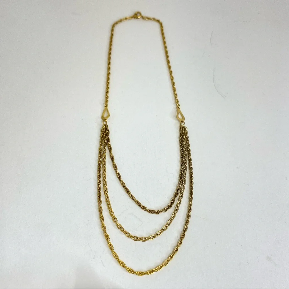 Vintage Necklace Gold Tone Triple Strand Rope Chain‎ Layered Teardrop MidCentury